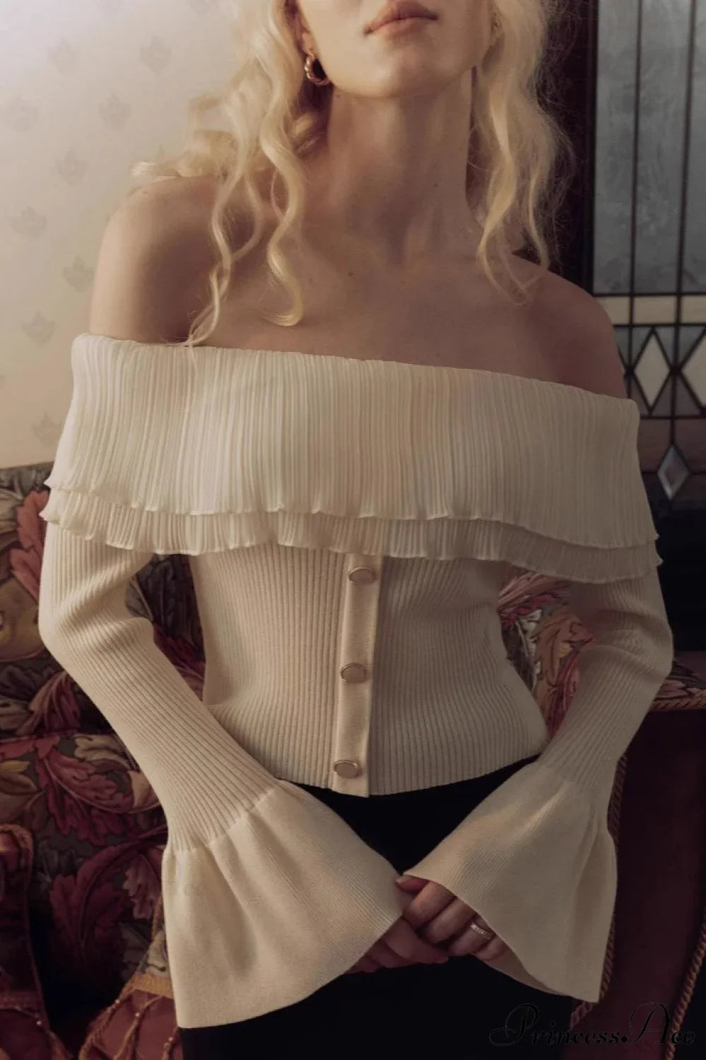 Off-the-Shoulder French Button-Panel Knit Sweater image 5
