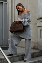 Off-the-Shoulder Ribbed Knit Wide Sleeve Flowy Pants Two Piece Set image 5