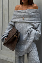 Off-the-Shoulder Ribbed Knit Wide Sleeve Flowy Pants Two Piece Set image 2