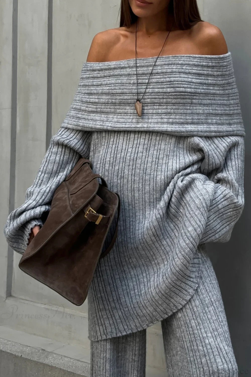 Off-the-Shoulder Ribbed Knit Wide Sleeve Flowy Pants Two Piece Set image 2