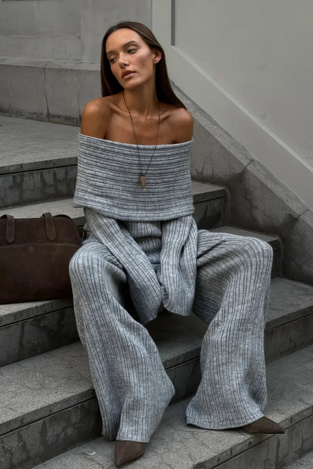 Off-the-Shoulder Ribbed Knit Wide Sleeve Flowy Pants Two Piece Set image 4