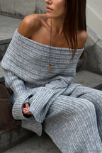 Off-the-Shoulder Ribbed Knit Wide Sleeve Flowy Pants Two Piece Set image 3