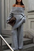 Off-the-Shoulder Ribbed Knit Wide Sleeve Flowy Pants Two Piece Set image 1