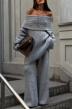 Off-the-Shoulder Ribbed Knit Wide Sleeve Flowy Pants Two Piece Set image 1