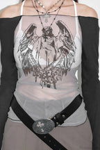 Off-the-shoulder Sheer Mesh Knit Printed Long Sleeve Tee image 3