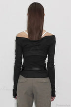 Off-the-shoulder Sheer Mesh Knit Printed Long Sleeve Tee image 4