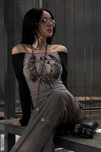 Off-the-shoulder Sheer Mesh Knit Printed Long Sleeve Tee image 2