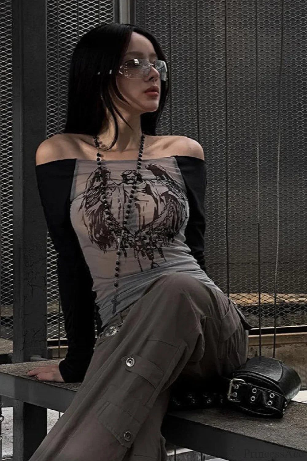 Off-the-shoulder Sheer Mesh Knit Printed Long Sleeve Tee image 2
