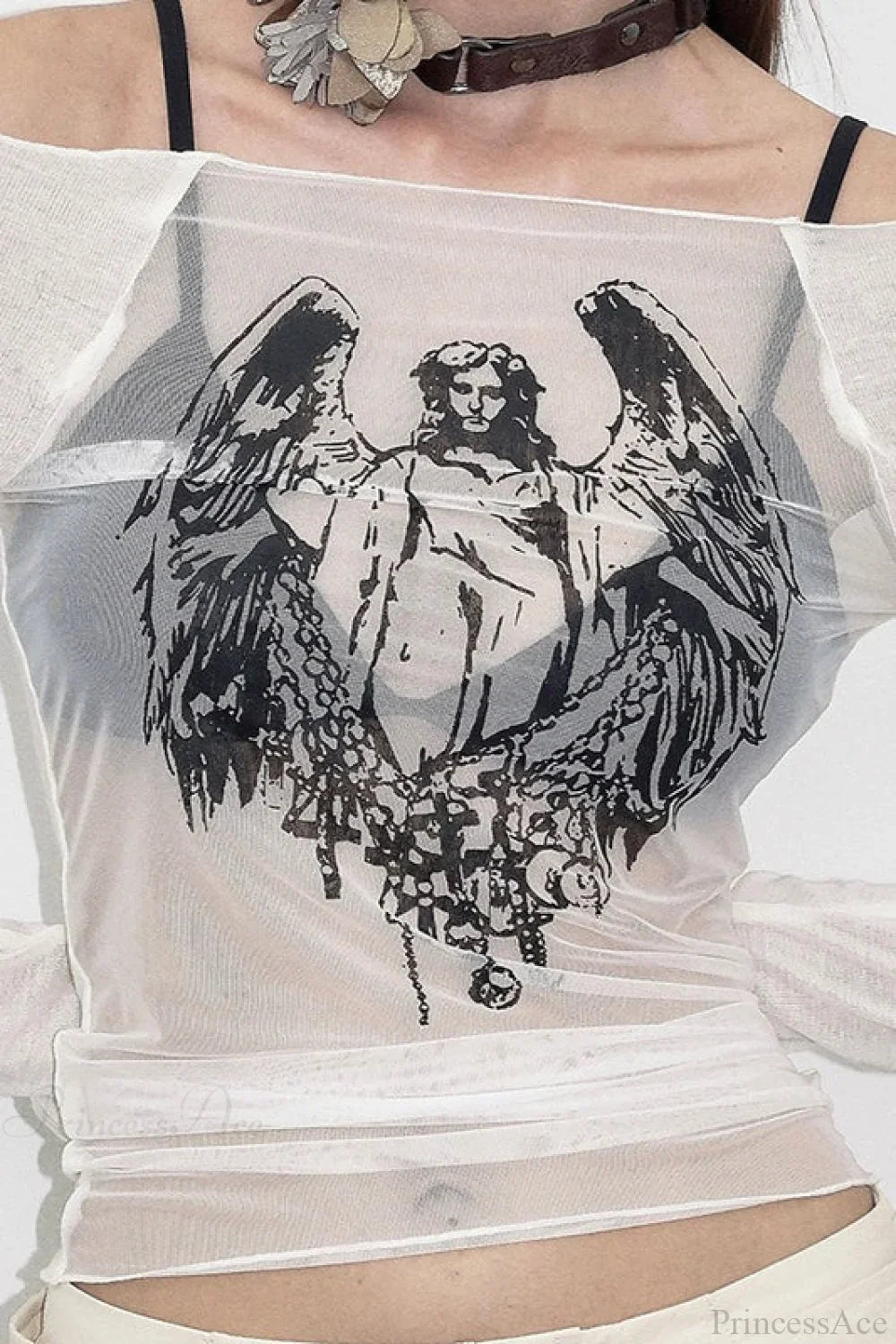 Off-the-shoulder Sheer Mesh Knit Printed Long Sleeve Tee image 6