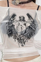Off-the-shoulder Sheer Mesh Knit Printed Long Sleeve Tee image 6