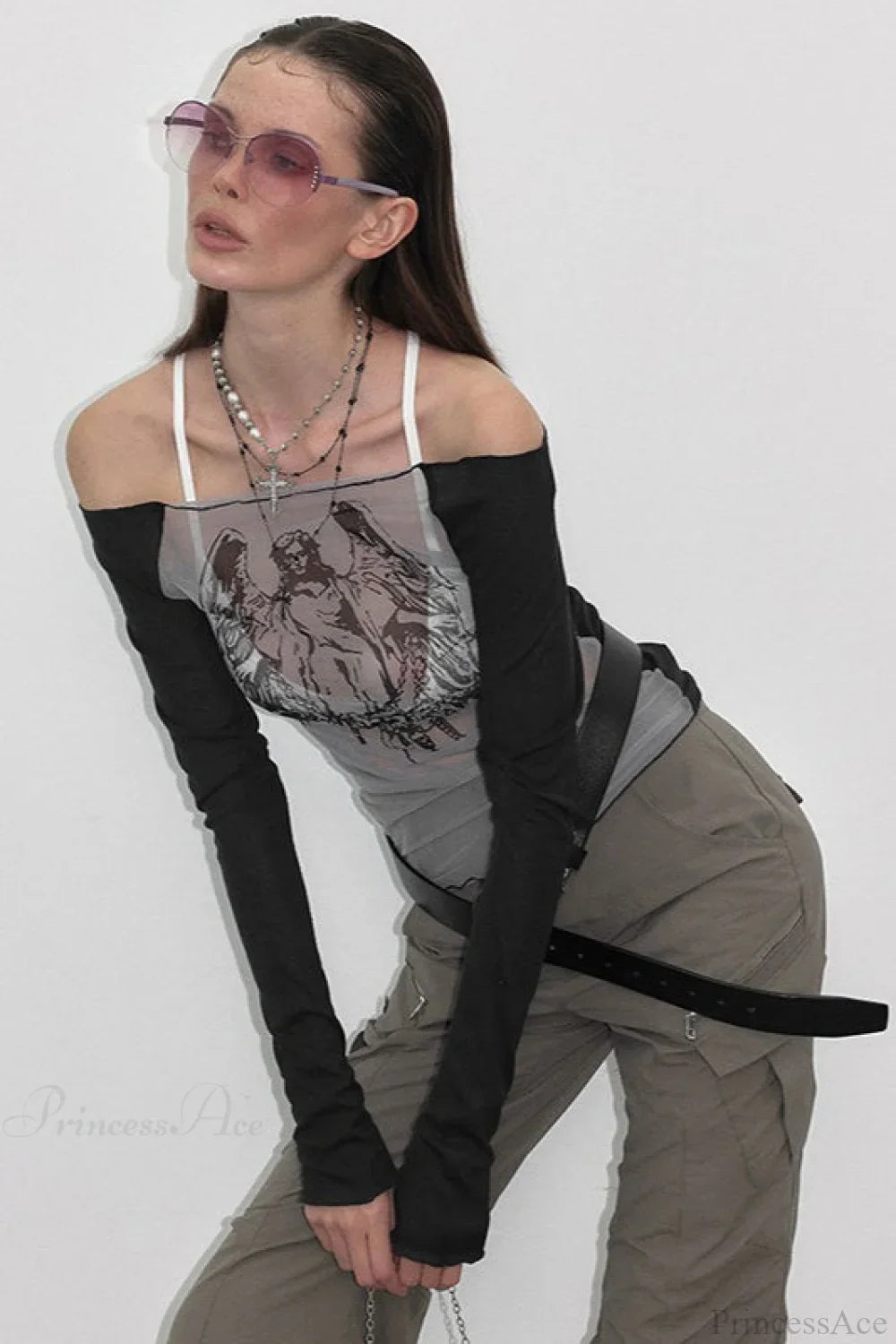 Off-the-shoulder Sheer Mesh Knit Printed Long Sleeve Tee image 1