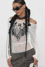 Off-the-shoulder Sheer Mesh Knit Printed Long Sleeve Tee image 5