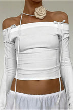 Off-the-Shoulder Tie Detail Fitted Long Sleeve Tee image 4