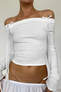 Off-the-Shoulder Tie Detail Fitted Long Sleeve Tee image 1