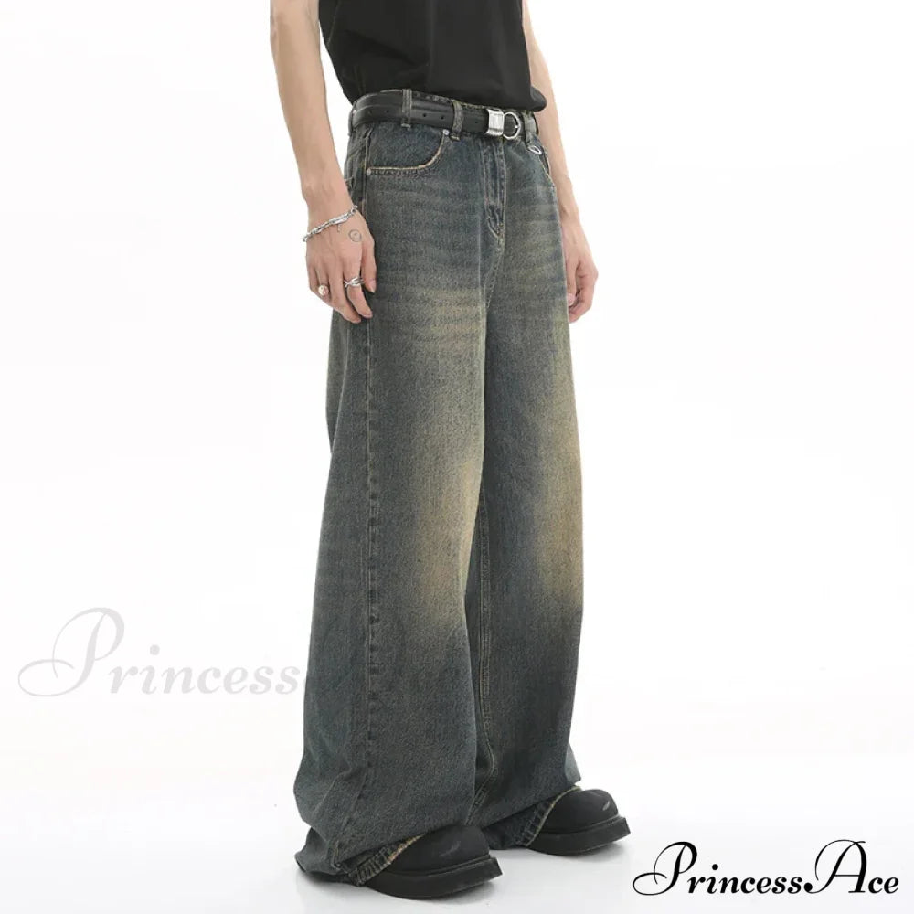 Old Male Pants Summer Blue Washed Denim Casual Menwear Wide Leg Trousers 2024 New Fashion Jeans image 1