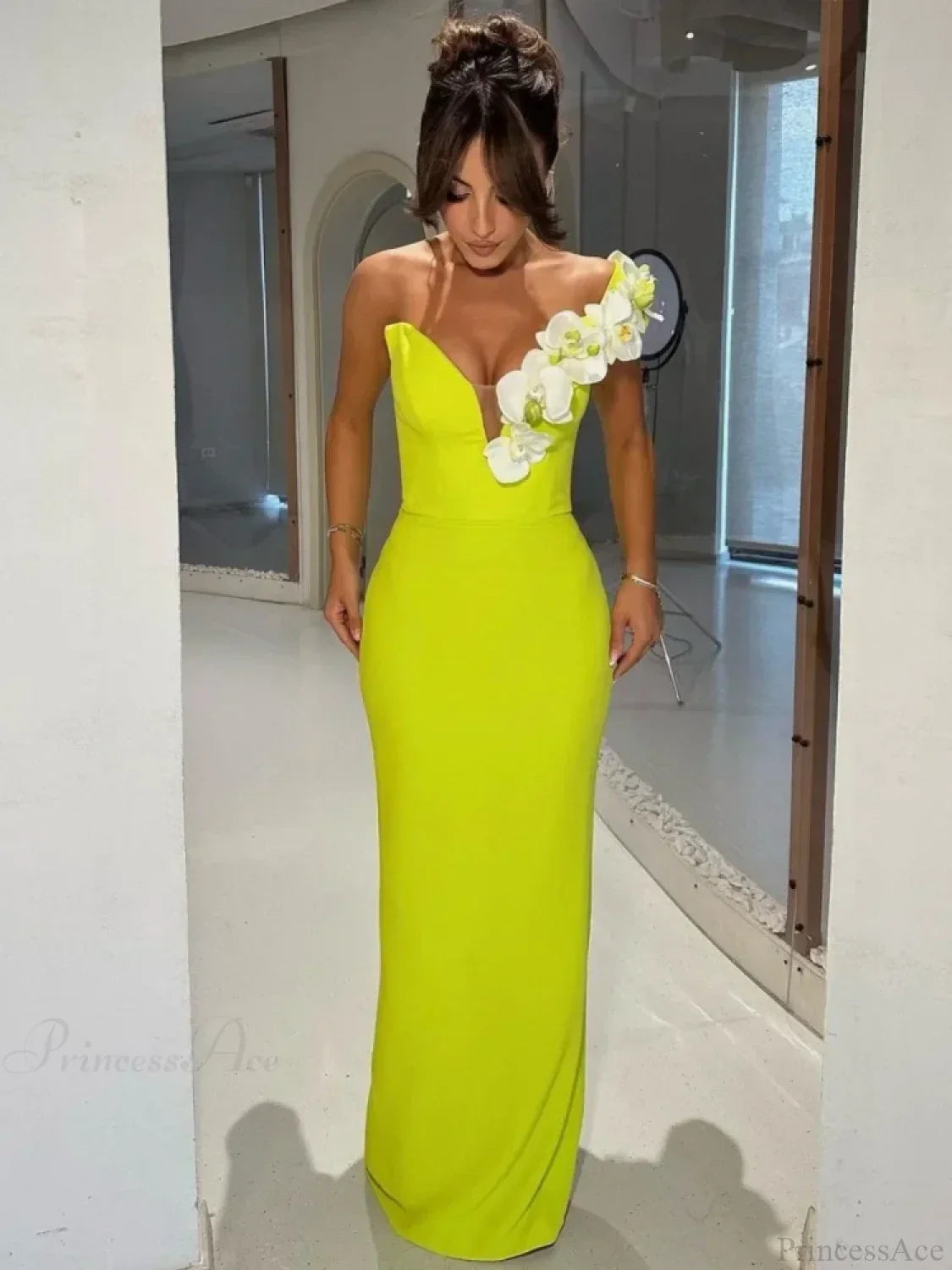 One Shoulder Floral Green Bandage Party Dress image 2