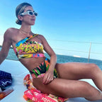 One Shoulder Hollow Print Bikini Set image 2