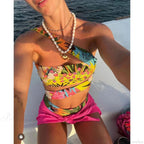 One Shoulder Hollow Print Bikini Set image 1