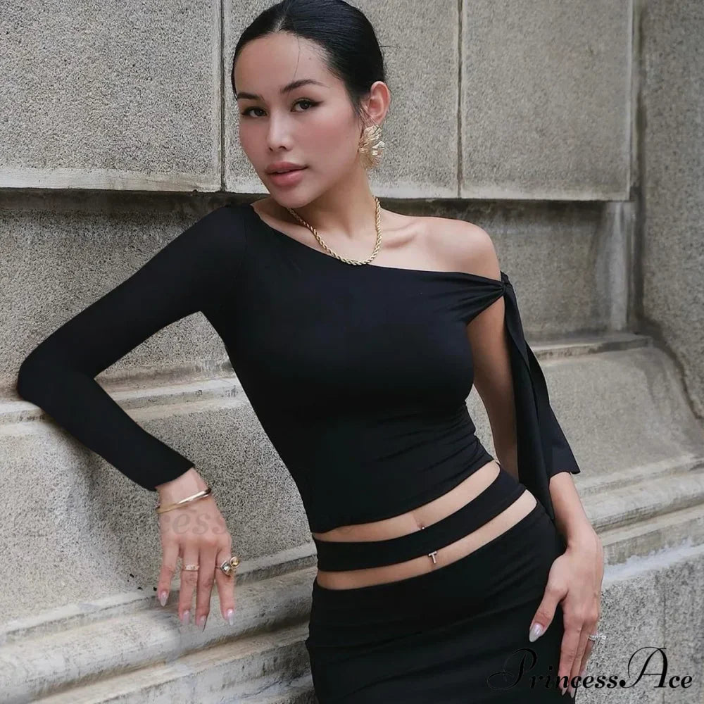 One Shoulder Long Charming Sleeve Tie Up Top image 23