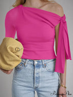 One Shoulder Long Charming Sleeve Tie Up Top image 2