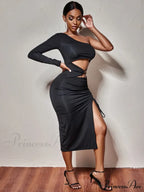 One Shoulder Long Sleeved Hollow High Split Wrapping Nightclub Cut Out Dress image 3
