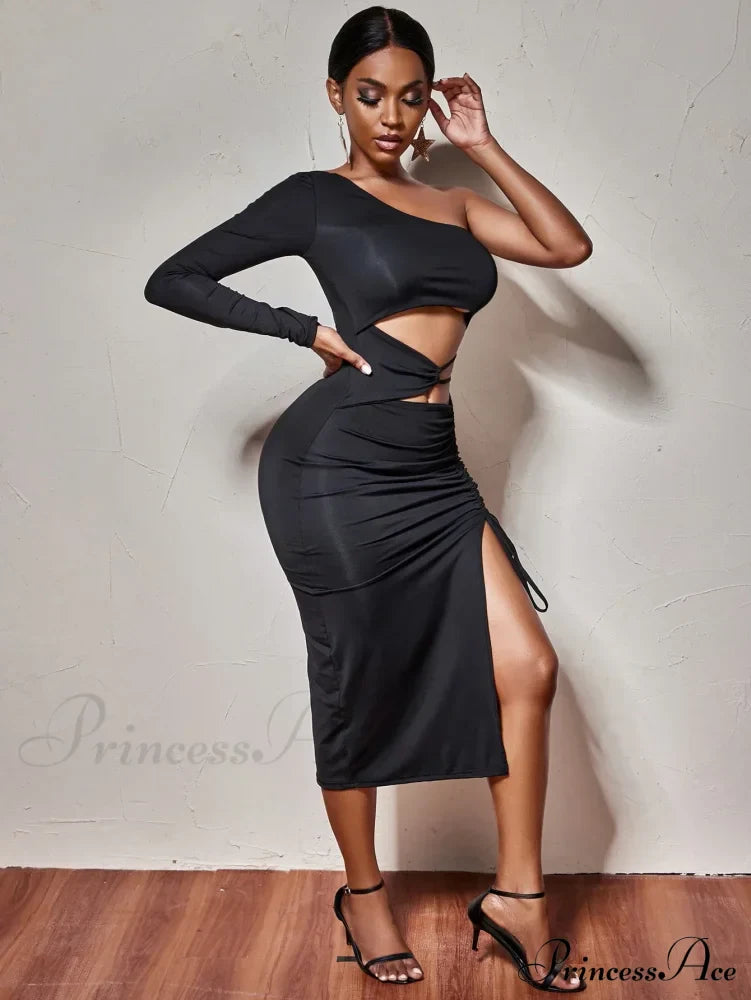 One Shoulder Long Sleeved Hollow High Split Wrapping Nightclub Cut Out Dress image 3