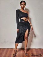 One Shoulder Long Sleeved Hollow High Split Wrapping Nightclub Cut Out Dress image 4