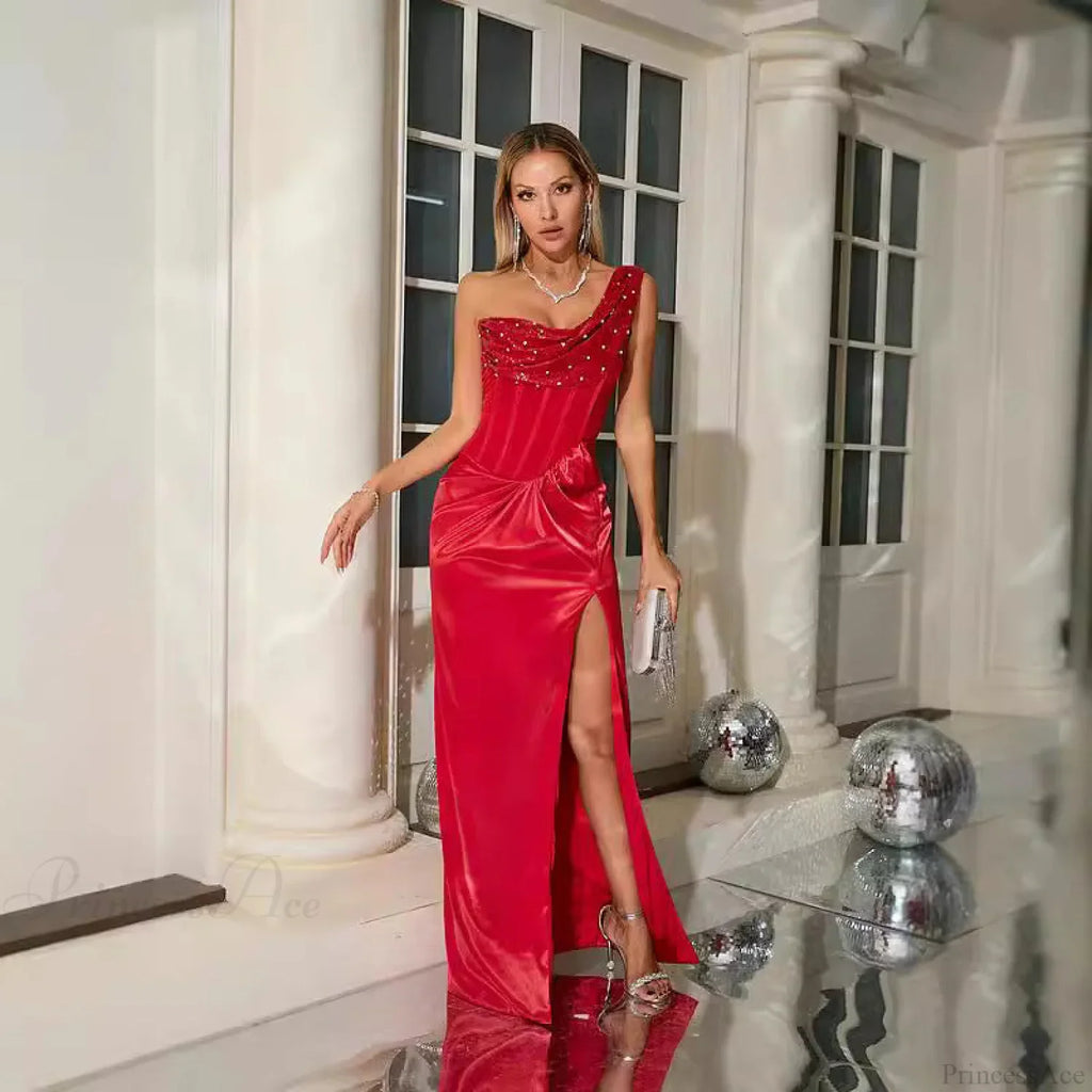 One Shoulder Pleated Elegant Ruched Party Prom Dress image 1