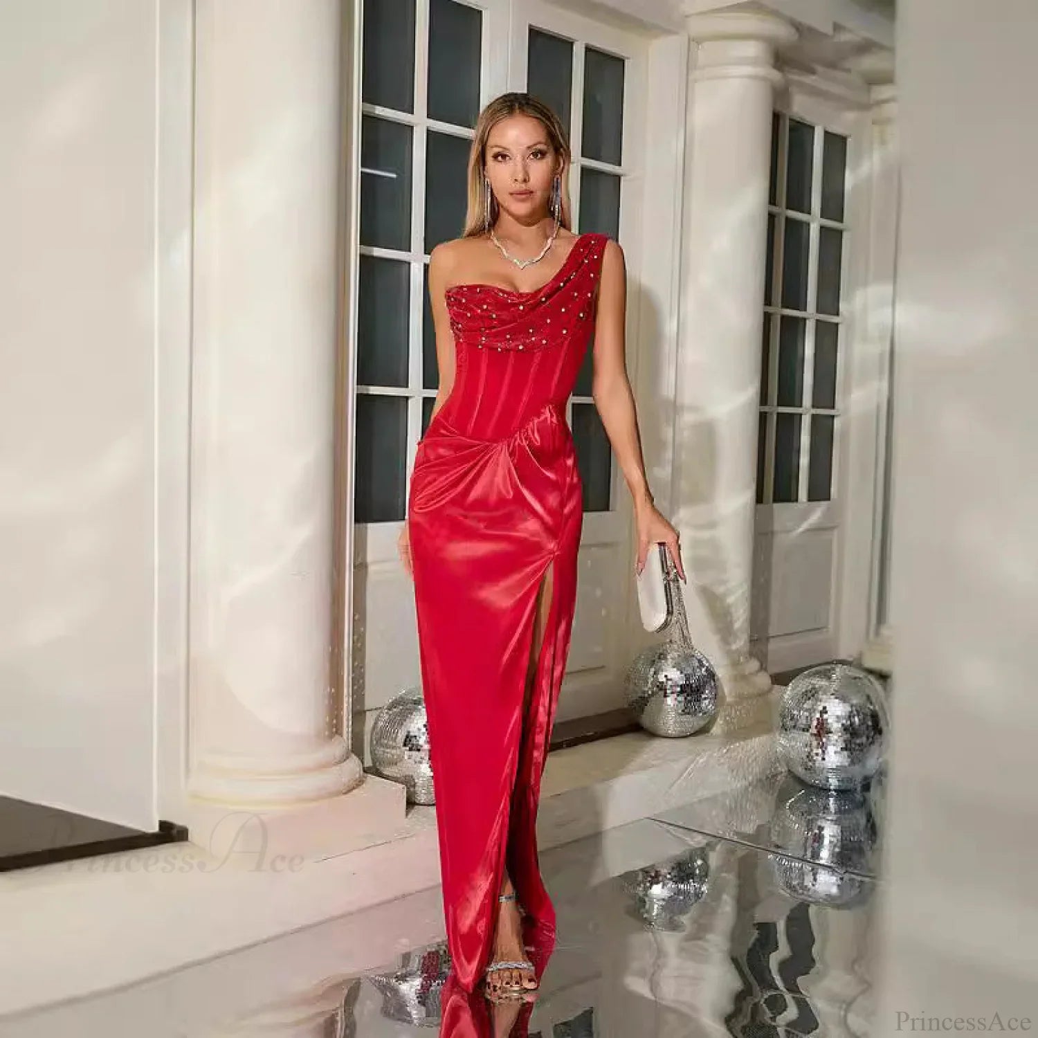 One Shoulder Pleated Elegant Ruched Party Prom Dress image 4