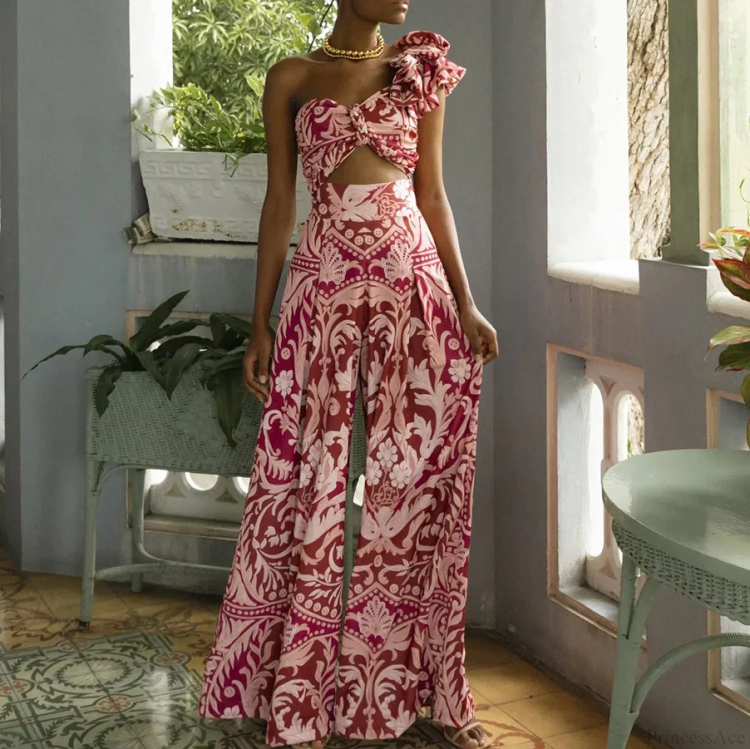 One Shoulder Print Pants Two Piece Set image 1