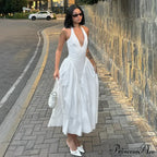 Open Back Halter Deep Graceful V-neck White Ankle Length Dress image 13