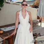 Open Back Halter Deep Graceful V-neck White Ankle Length Dress image 23