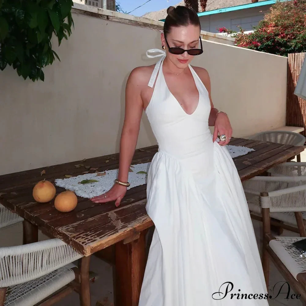 Open Back Halter Deep Graceful V-neck White Ankle Length Dress image 20