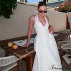 Open Back Halter Deep Graceful V-neck White Ankle Length Dress image 20