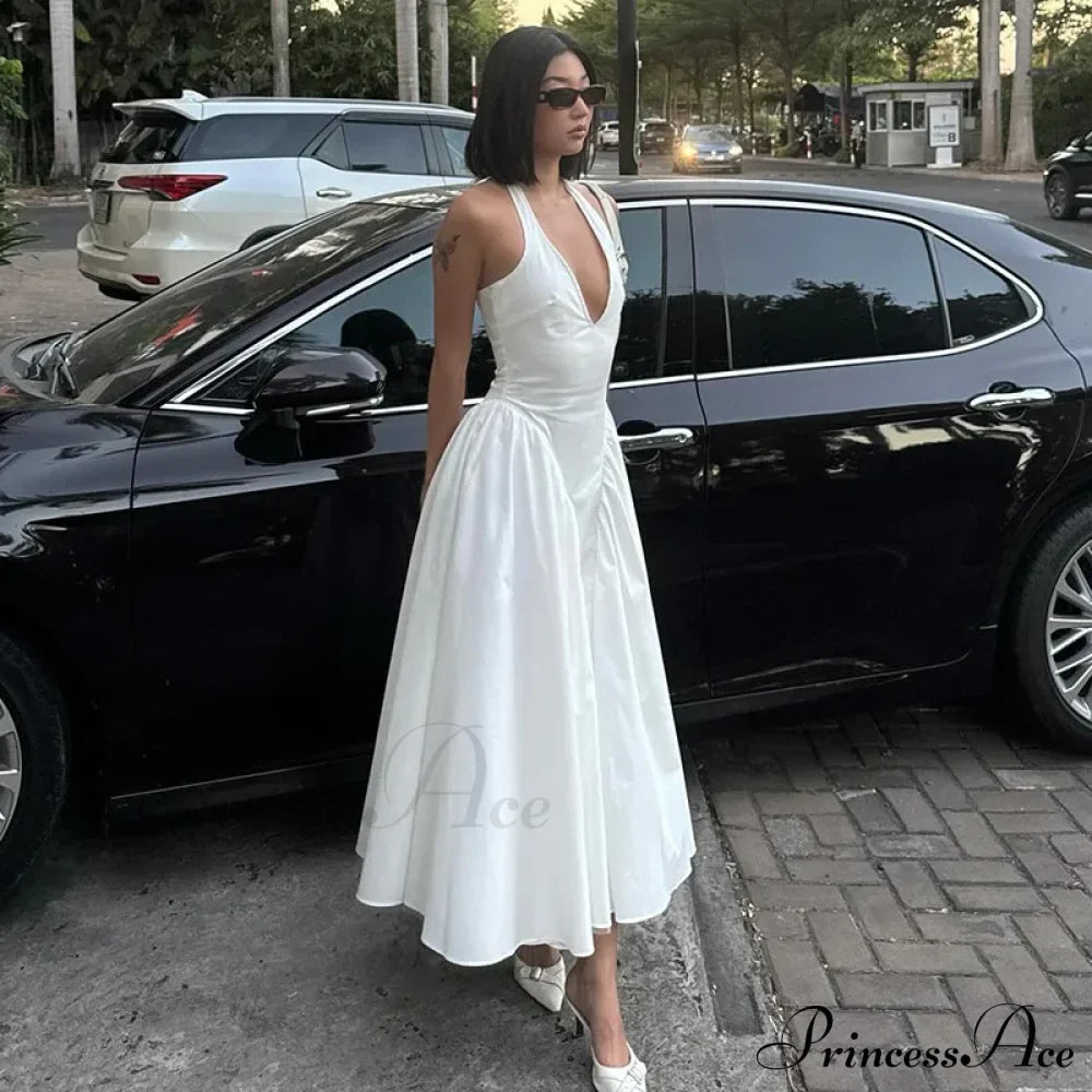 Open Back Halter Deep Graceful V-neck White Ankle Length Dress image 6