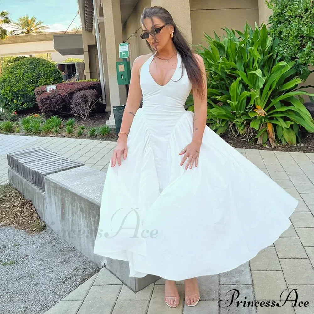 Open Back Halter Deep Graceful V-neck White Ankle Length Dress image 10