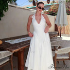 Open Back Halter Deep Graceful V-neck White Ankle Length Dress image 21
