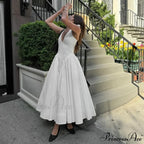 Open Back Halter Deep Graceful V-neck White Ankle Length Dress image 5