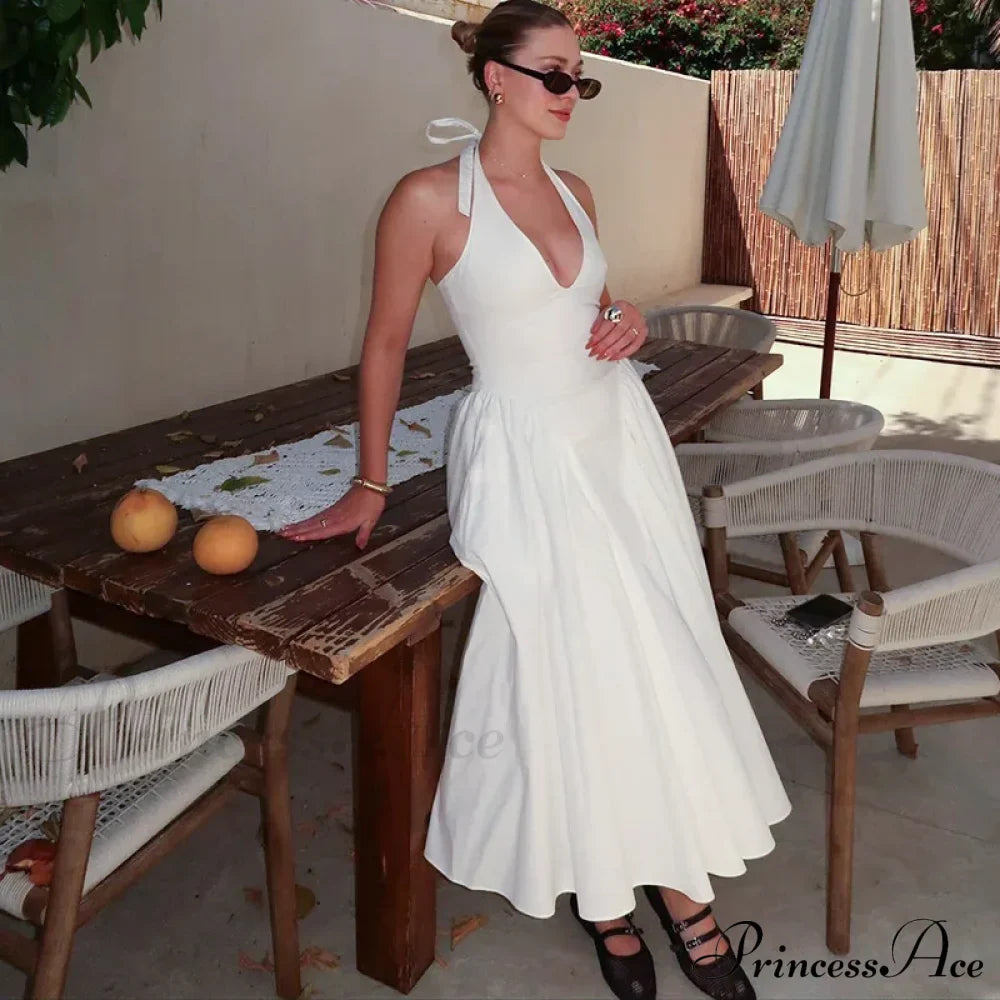 Open Back Halter Deep Graceful V-neck White Ankle Length Dress image 22