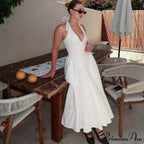 Open Back Halter Deep Graceful V-neck White Ankle Length Dress image 22