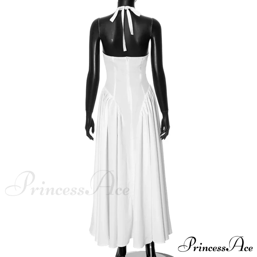 Open Back Halter Deep Graceful V-neck White Ankle Length Dress image 28