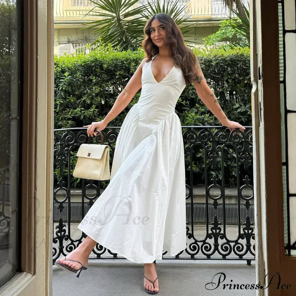 Open Back Halter Deep Graceful V-neck White Ankle Length Dress image 18