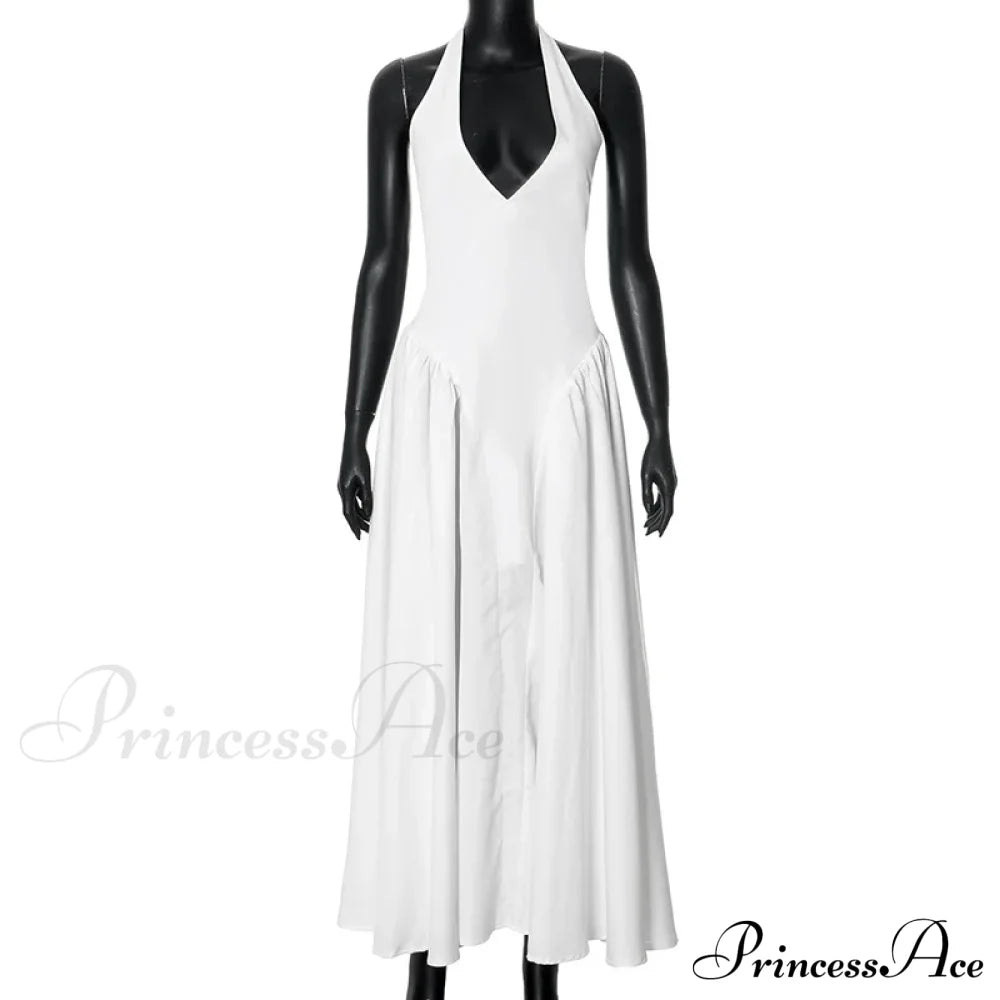 Open Back Halter Deep Graceful V-neck White Ankle Length Dress image 26