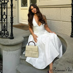 Open Back Halter Deep Graceful V-neck White Ankle Length Dress image 19