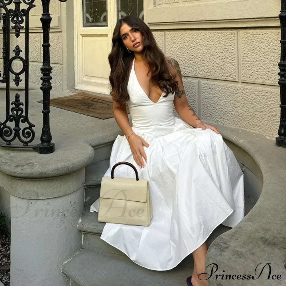 Open Back Halter Deep Graceful V-neck White Ankle Length Dress image 19