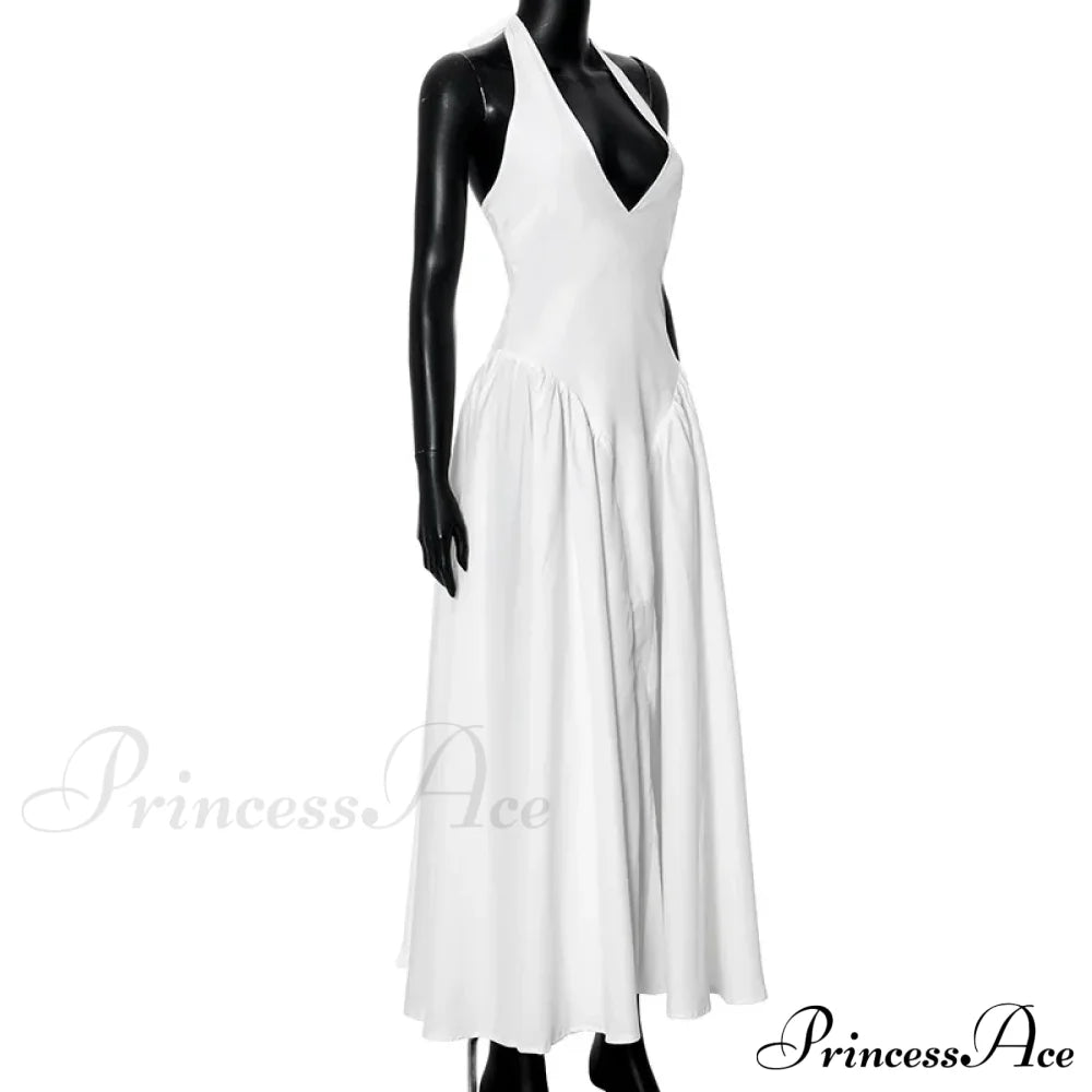 Open Back Halter Deep Graceful V-neck White Ankle Length Dress image 27