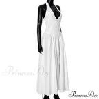 Open Back Halter Deep Graceful V-neck White Ankle Length Dress image 27