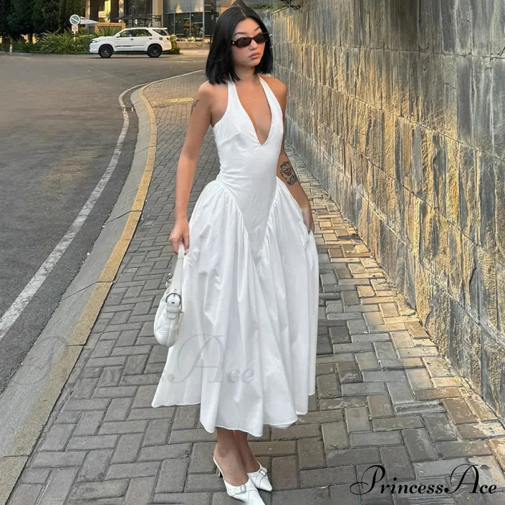 Open Back Halter Deep Graceful V-neck White Ankle Length Dress image 8