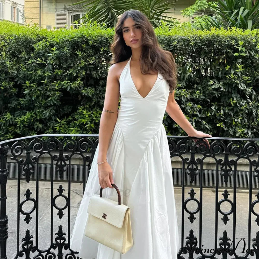 Open Back Halter Deep Graceful V-neck White Ankle Length Dress image 16