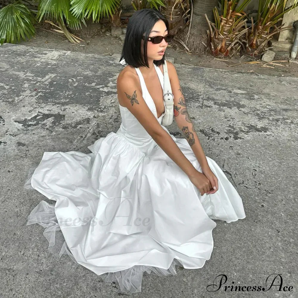Open Back Halter Deep Graceful V-neck White Ankle Length Dress image 9